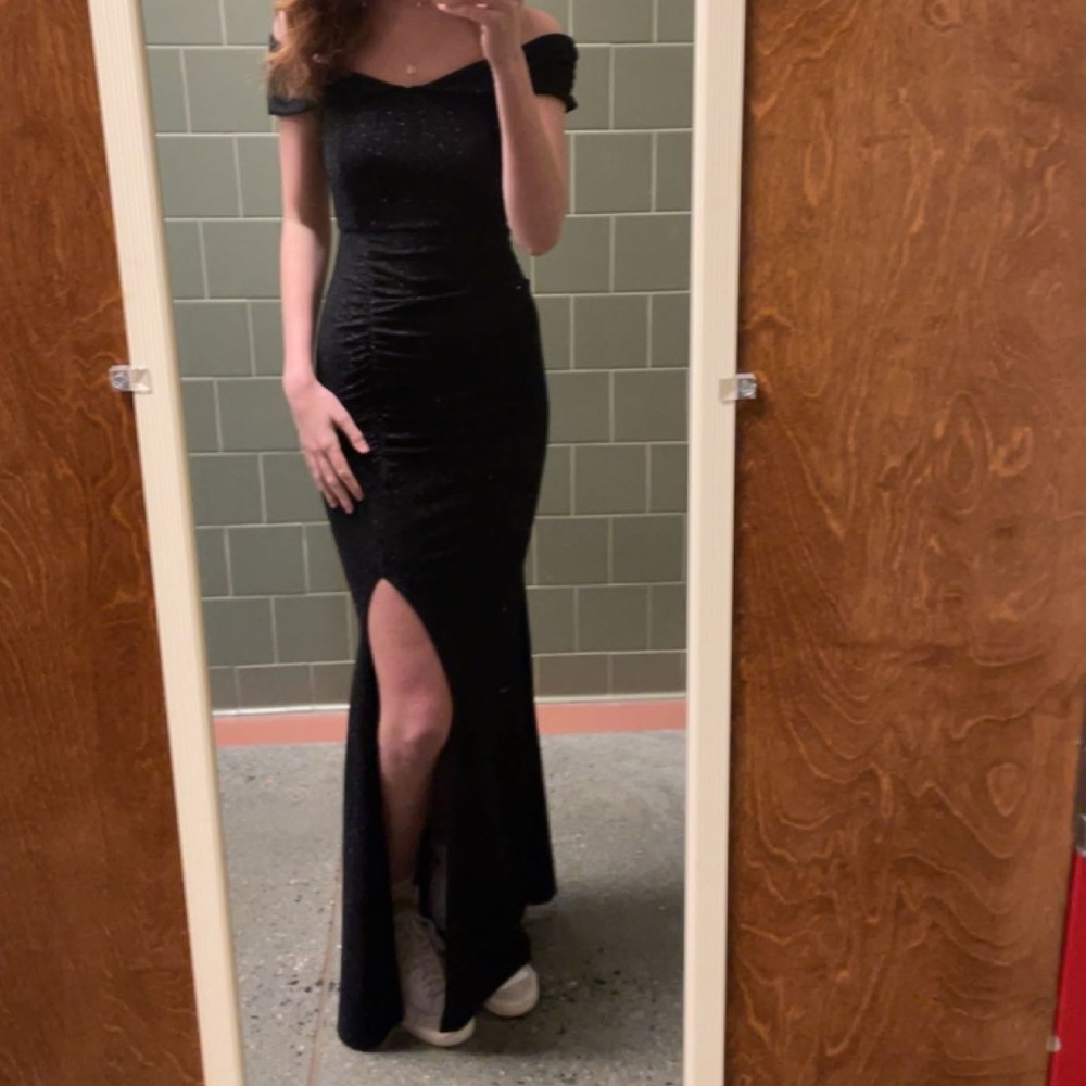 long glitter black off the shoulder formal dress